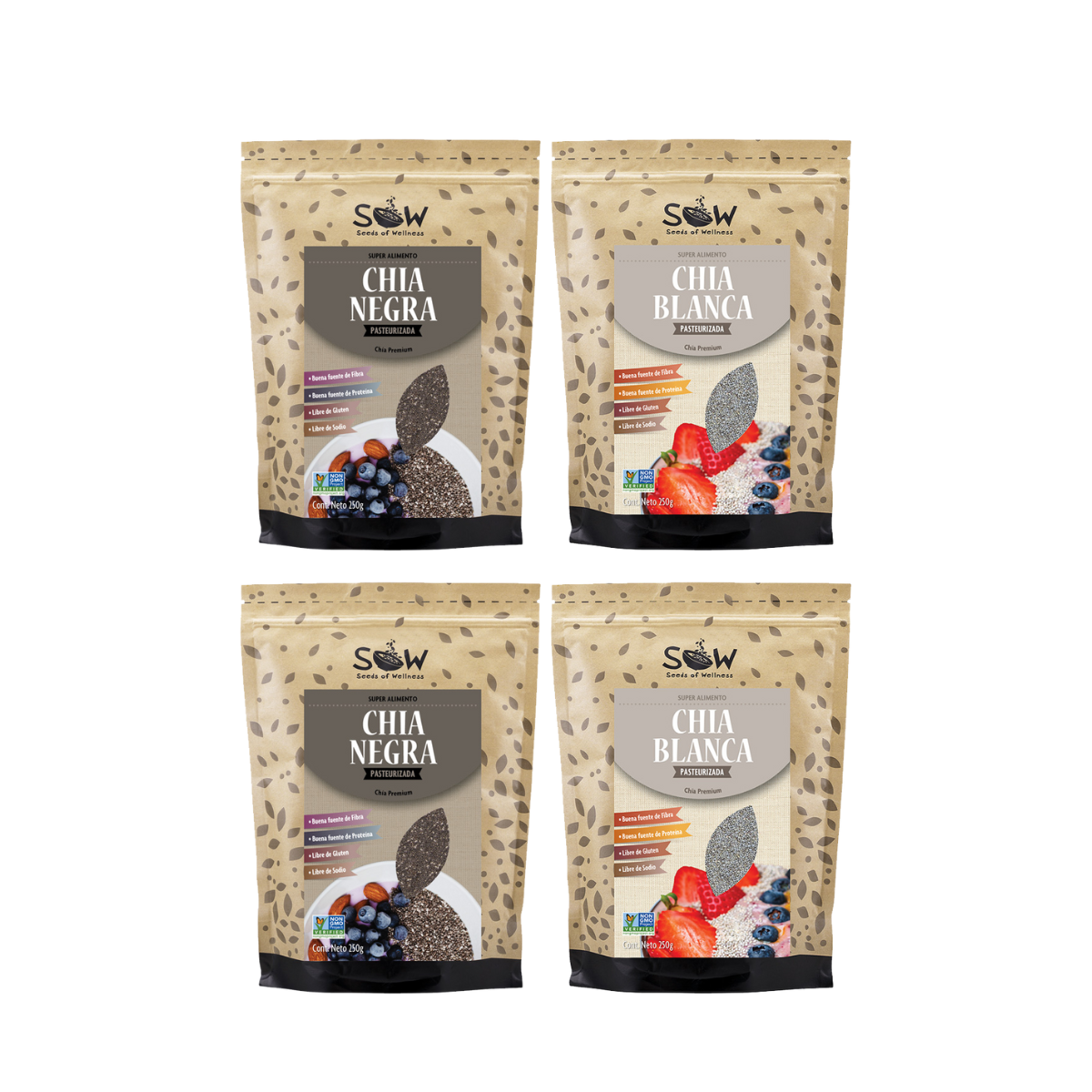 Pack 4x Chía: 2 Semillas Blancas + 2 Semillas Negras (250 g cada una)